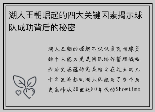 湖人王朝崛起的四大关键因素揭示球队成功背后的秘密