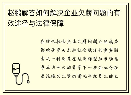 赵鹏解答如何解决企业欠薪问题的有效途径与法律保障
